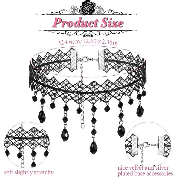 Gothic Black Choker Necklace for Women Gothic Black Necklace Adjustable Vintage - Picture 2 of 7